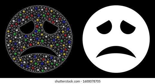 Glowing mesh sadness smiley icon with glitter effect. Abstract illuminated model of sadness smiley. Shiny wire carcass polygonal mesh sadness smiley icon. Vector abstraction on a black background.