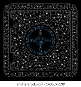 Glowing mesh safe with glare effect. Abstract illuminated model of safe icon. Shiny wire frame triangular mesh safe. Vector abstraction on a black background.