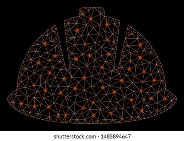 Glowing mesh safety helmet with glare effect. Abstract illuminated model of safety helmet icon. Shiny wire carcass polygonal mesh safety helmet. Vector abstraction on a black background.