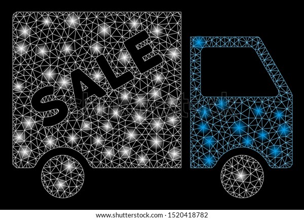 Glowing mesh sale van\
with glare effect. Abstract illuminated model of sale van icon.\
Shiny wire carcass triangular mesh sale van. Vector abstraction on\
a black background.