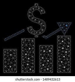 Glowing mesh sales bar chart with lightspot effect. Abstract illuminated model of sales bar chart icon. Shiny wire frame triangular network sales bar chart. Vector abstraction on a black background.