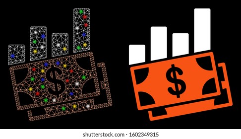 Glowing mesh sales bar chart icon with lightspot effect. Abstract illuminated model of sales bar chart. Shiny wire frame polygonal mesh sales bar chart icon. Vector abstraction on a black background.