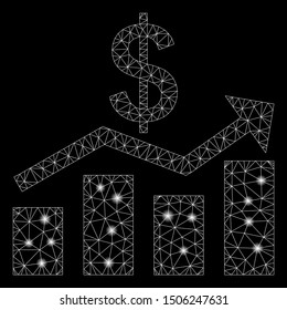 Glowing mesh sales chart with sparkle effect. Abstract illuminated model of sales chart icon. Shiny wire frame polygonal mesh sales chart. Vector abstraction on a black background.