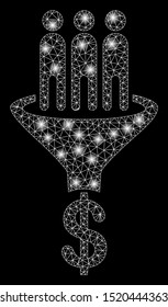 Glowing mesh sales funnel with glare effect. Abstract illuminated model of sales funnel icon. Shiny wire carcass polygonal mesh sales funnel. Vector abstraction on a black background.