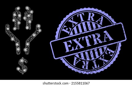 Glowing mesh sales funnel with glowing spots, and Extra blue round grunge stamp seal. Vector constellation generated from sales funnel icon. Illuminated carcass mesh sales funnel.
