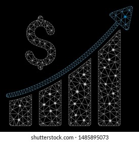 Glowing mesh sales growth bar chart with glare effect. Abstract illuminated model of sales growth bar chart icon. Shiny wire carcass triangular mesh sales growth bar chart.