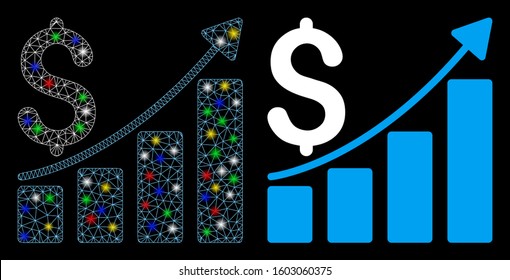 Glowing mesh sales growth chart icon with glare effect. Abstract illuminated model of sales growth chart. Shiny wire frame triangular mesh sales growth chart icon.
