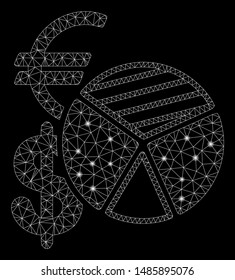 Glowing mesh sales pie chart with glare effect. Abstract illuminated model of sales pie chart icon. Shiny wire frame triangular mesh sales pie chart. Vector abstraction on a black background.