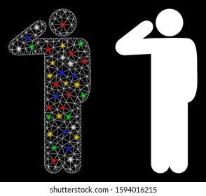 Glowing mesh salute pose icon with sparkle effect. Abstract illuminated model of salute pose. Shiny wire frame polygonal mesh salute pose icon. Vector abstraction on a black background.