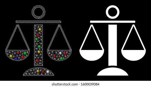 Glowing mesh scales balance icon with glare effect. Abstract illuminated model of scales balance. Shiny wire frame polygonal mesh scales balance icon. Vector abstraction on a black background.