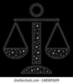 Glowing mesh scales balance with sparkle effect. Abstract illuminated model of scales balance icon. Shiny wire frame triangular mesh scales balance. Vector abstraction on a black background.