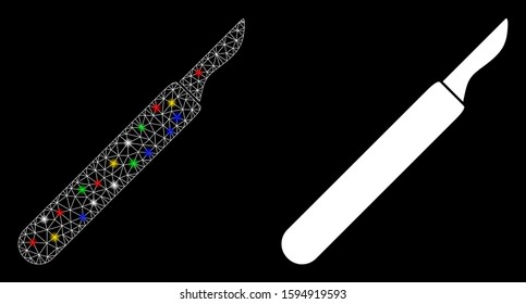 Glowing mesh scalpel icon with glow effect. Abstract illuminated model of scalpel. Shiny wire frame triangular mesh scalpel icon. Vector abstraction on a black background.
