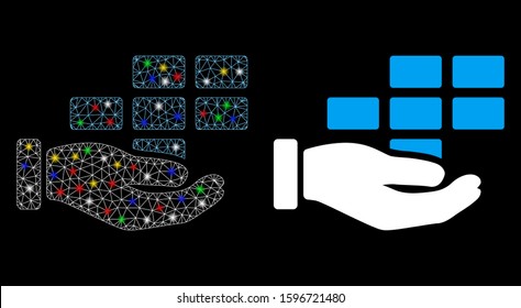 Glowing mesh schedule service hand icon with lightspot effect. Abstract illuminated model of schedule service hand. Shiny wire frame triangular mesh schedule service hand icon.