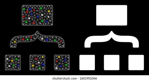 Glowing mesh scheme icon with glow effect. Abstract illuminated model of scheme. Shiny wire carcass triangular mesh scheme icon. Vector abstraction on a black background.