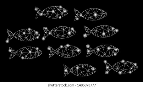 Glowing mesh school of fish with sparkle effect. Abstract illuminated model of school of fish icon. Shiny wire carcass triangular mesh school of fish. Vector abstraction on a black background.