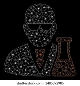 Glowing mesh scientist with flask with glitter effect. Abstract illuminated model of scientist with flask icon. Shiny wire frame polygonal mesh scientist with flask.