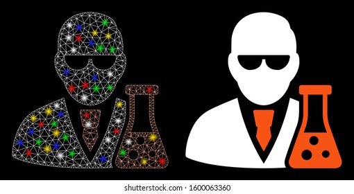 Glowing mesh scientist with flask icon with glitter effect. Abstract illuminated model of scientist with flask. Shiny wire carcass triangular mesh scientist with flask icon.