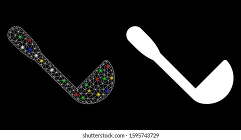 Glowing mesh scoop icon with lightspot effect. Abstract illuminated model of scoop. Shiny wire frame triangular mesh scoop icon. Vector abstraction on a black background.
