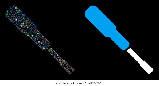 Glowing mesh screwdriver icon with glare effect. Abstract illuminated model of screwdriver. Shiny wire carcass polygonal network screwdriver icon. Vector abstraction on a black background.
