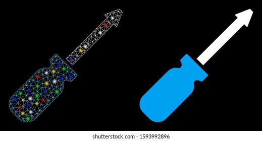 Glowing mesh screwdriver icon with glow effect. Abstract illuminated model of screwdriver. Shiny wire carcass triangular network screwdriver icon. Vector abstraction on a black background.