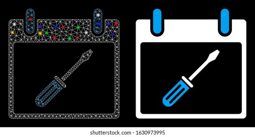 Glowing mesh screwdriver tuning calendar day icon with lightspot effect. Abstract illuminated model of screwdriver tuning calendar day.