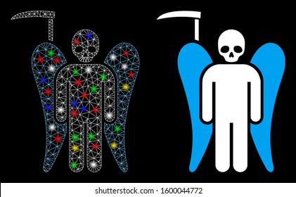 Glowing mesh scythe death angel icon with sparkle effect. Abstract illuminated model of scythe death angel. Shiny wire frame polygonal mesh scythe death angel icon.