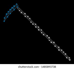 Glowing mesh scythe with lightspot effect. Abstract illuminated model of scythe icon. Shiny wire frame polygonal mesh scythe. Vector abstraction on a black background.