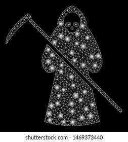 Glowing mesh scytheman with glare effect. Abstract illuminated model of scytheman icon. Shiny wire frame triangular mesh scytheman. Vector abstraction on a black background.