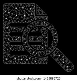Glowing mesh search document with glare effect. Abstract illuminated model of search document icon. Shiny wire frame polygonal mesh search document. Vector abstraction on a black background.