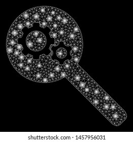 Glowing mesh search gears tool with sparkle effect. Abstract illuminated model of search gears tool icon. Shiny wire frame polygonal network search gears tool.