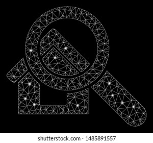 Glowing mesh search house with glow effect. Abstract illuminated model of search house icon. Shiny wire carcass polygonal mesh search house. Vector abstraction on a black background.