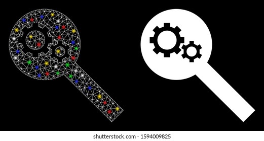 Glowing mesh search tools icon with glare effect. Abstract illuminated model of search tools. Shiny wire carcass triangular mesh search tools icon. Vector abstraction on a black background.