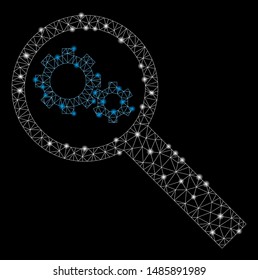 Glowing mesh search tools with lightspot effect. Abstract illuminated model of search tools icon. Shiny wire frame polygonal mesh search tools. Vector abstraction on a black background.