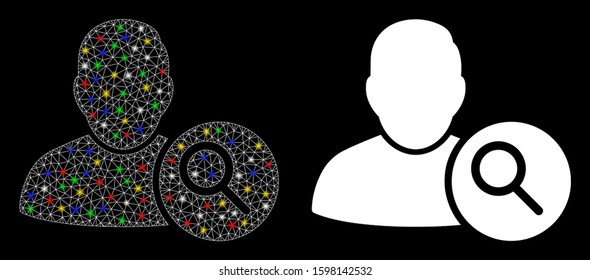 Glowing mesh search user icon with glow effect. Abstract illuminated model of search user. Shiny wire frame polygonal mesh search user icon. Vector abstraction on a black background.