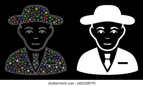 Glowing mesh secret service agent icon with glare effect. Abstract illuminated model of secret service agent. Shiny wire carcass polygonal mesh secret service agent icon.