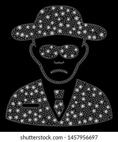 Glowing mesh security agent with glare effect. Abstract illuminated model of security agent icon. Shiny wire frame polygonal mesh security agent. Vector abstraction on a black background.