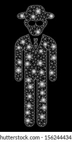 Glowing mesh security agent with glare effect. Abstract illuminated model of security agent icon. Shiny wire carcass polygonal mesh security agent. Vector abstraction on a black background.