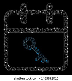 Glowing mesh security day with glow effect. Abstract illuminated model of security day icon. Shiny wire frame triangular mesh security day. Vector abstraction on a black background.