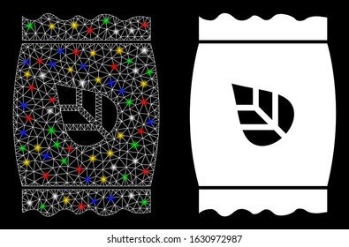 Glowing mesh seed pack icon with glow effect. Abstract illuminated model of seed pack. Shiny wire carcass polygonal mesh seed pack icon. Vector abstraction on a black background.