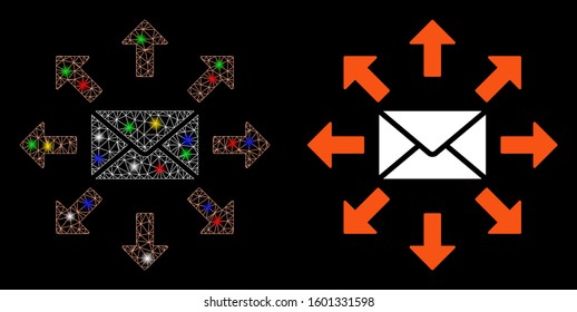 Glowing mesh send spam icon with glitter effect. Abstract illuminated model of send spam. Shiny wire carcass triangular mesh send spam icon. Vector abstraction on a black background.