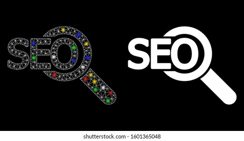 Glowing mesh seo tool icon with sparkle effect. Abstract illuminated model of seo tool. Shiny wire carcass triangular network seo tool icon. Vector abstraction on a black background.