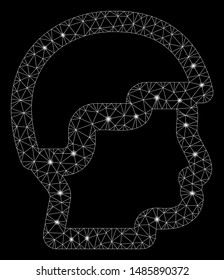 Glowing mesh sergeant head with sparkle effect. Abstract illuminated model of sergeant head icon. Shiny wire frame polygonal mesh sergeant head. Vector abstraction on a black background.