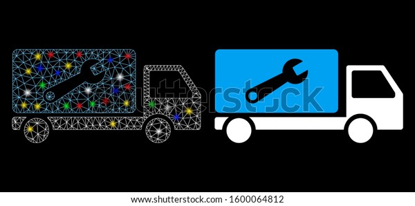 Glowing\
mesh service car icon with sparkle effect. Abstract illuminated\
model of service car. Shiny wire carcass polygonal mesh service car\
icon. Vector abstraction on a black\
background.