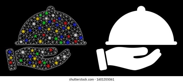 Glowing mesh service icon with lightspot effect. Abstract illuminated model of service. Shiny wire carcass triangular network service icon. Vector abstraction on a black background.