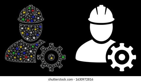 Glowing mesh service man icon with glitter effect. Abstract illuminated model of service man. Shiny wire frame triangular mesh service man icon. Vector abstraction on a black background.