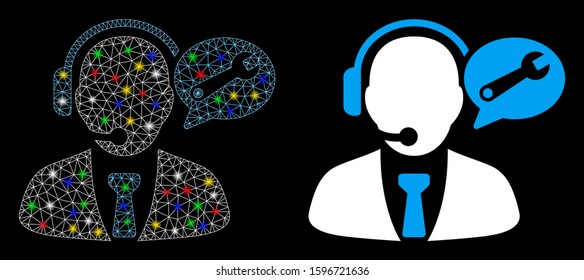 Glowing mesh service manager message icon with lightspot effect. Abstract illuminated model of service manager message. Shiny wire carcass polygonal network service manager message icon.