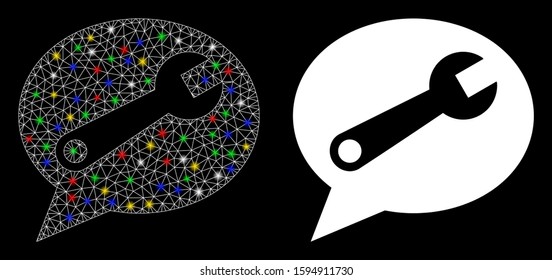Glowing mesh service message icon with lightspot effect. Abstract illuminated model of service message. Shiny wire carcass polygonal network service message icon.