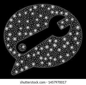 Glowing mesh service message with sparkle effect. Abstract illuminated model of service message icon. Shiny wire frame polygonal network service message. Vector abstraction on a black background.