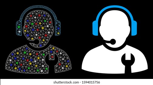 Glowing mesh service operator icon with glare effect. Abstract illuminated model of service operator. Shiny wire carcass triangular mesh service operator icon.