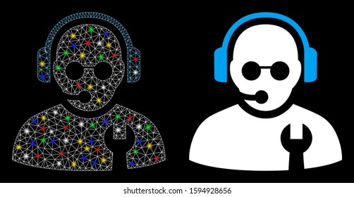 Glowing mesh service operator icon with lightspot effect. Abstract illuminated model of service operator. Shiny wire carcass polygonal mesh service operator icon.